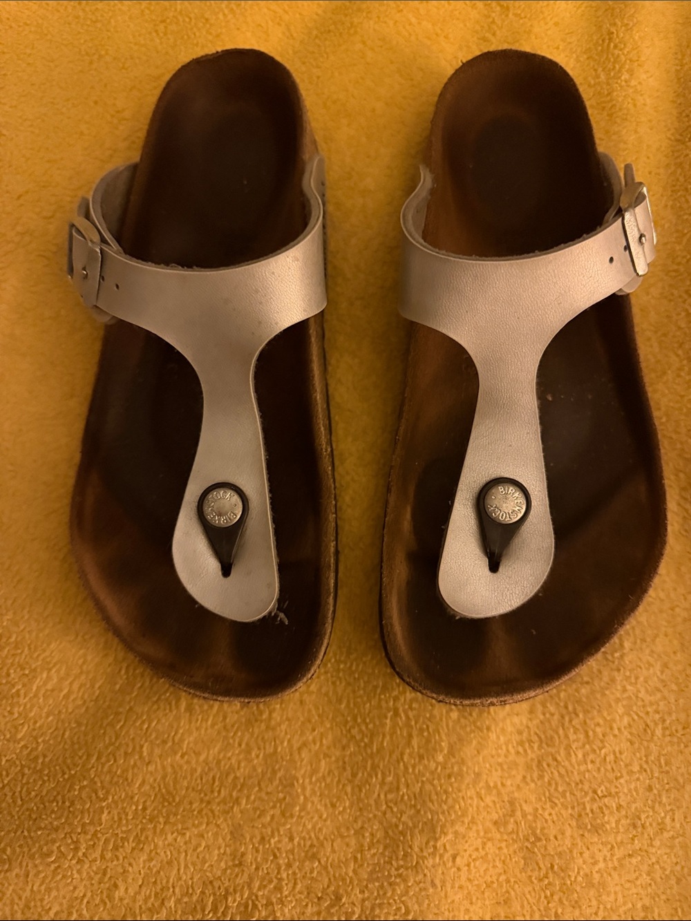 Birkenstock Silver Thong Sandals with Contoured Brown Footbed